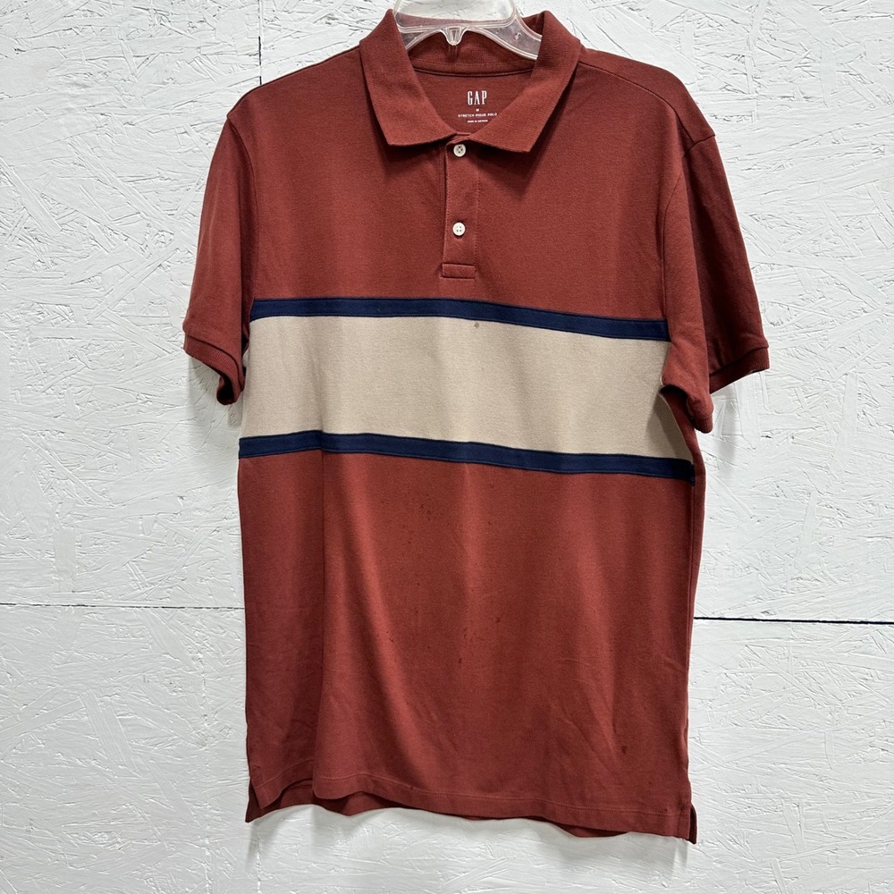 Gap Medium Polo Burnt Russet Striped Stretch Pique Prep College Fall Earth Tones